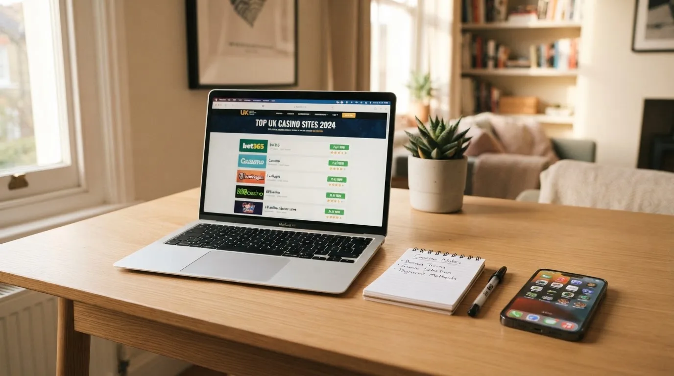 A laptop on a home desk showing a UK online casino comparison page open beside a notepad, with a mobile phone resting on a desk next to a casino app icon screen visible in a browser tab list