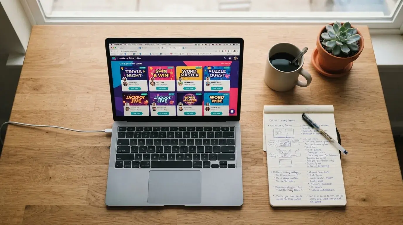 A laptop on a home desk showing a UK online casino comparison page open beside a notepad, with a laptop showing a live casino game show lobby page visible in a browser tab list