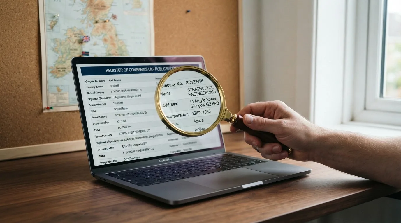 A magnifying glass held over a printed gambling licence certificate on a desk, with a UK map faintly visible in the background