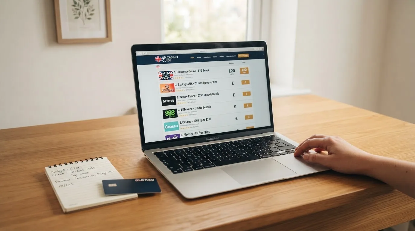 A laptop on a home desk showing a UK online casino comparison page open beside a notepad, with a desk with a debit card, a phone and a laptop showing a deposit form visible in a browser tab list