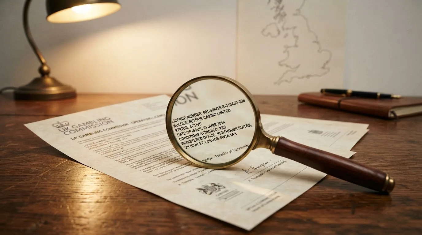 A magnifying glass held over a printed gambling licence certificate on a desk, with a UK map faintly visible in the background