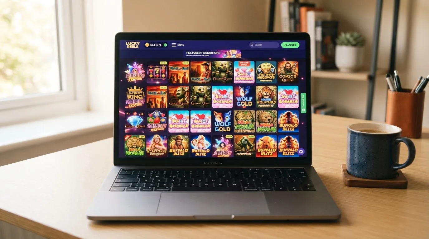 A laptop on a desk displaying a grid of slot game thumbnails in a casino lobby.