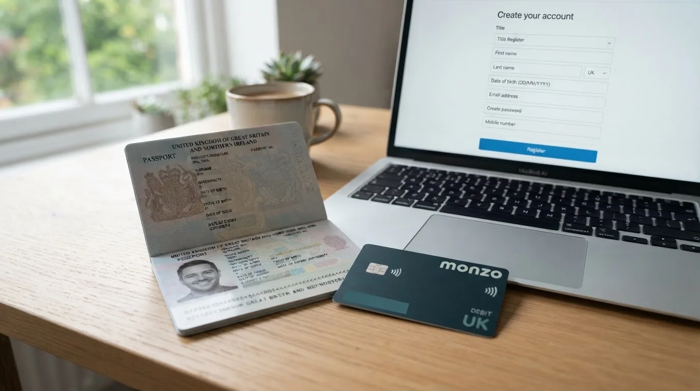 A UK passport and a bank card resting beside a laptop showing an account sign-up screen.