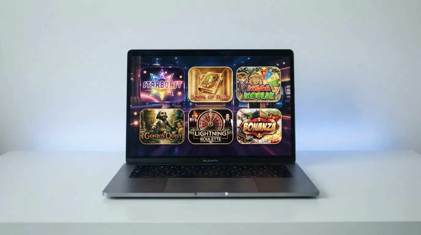 A laptop on a desk displaying a grid of slot game thumbnails in a casino lobby.