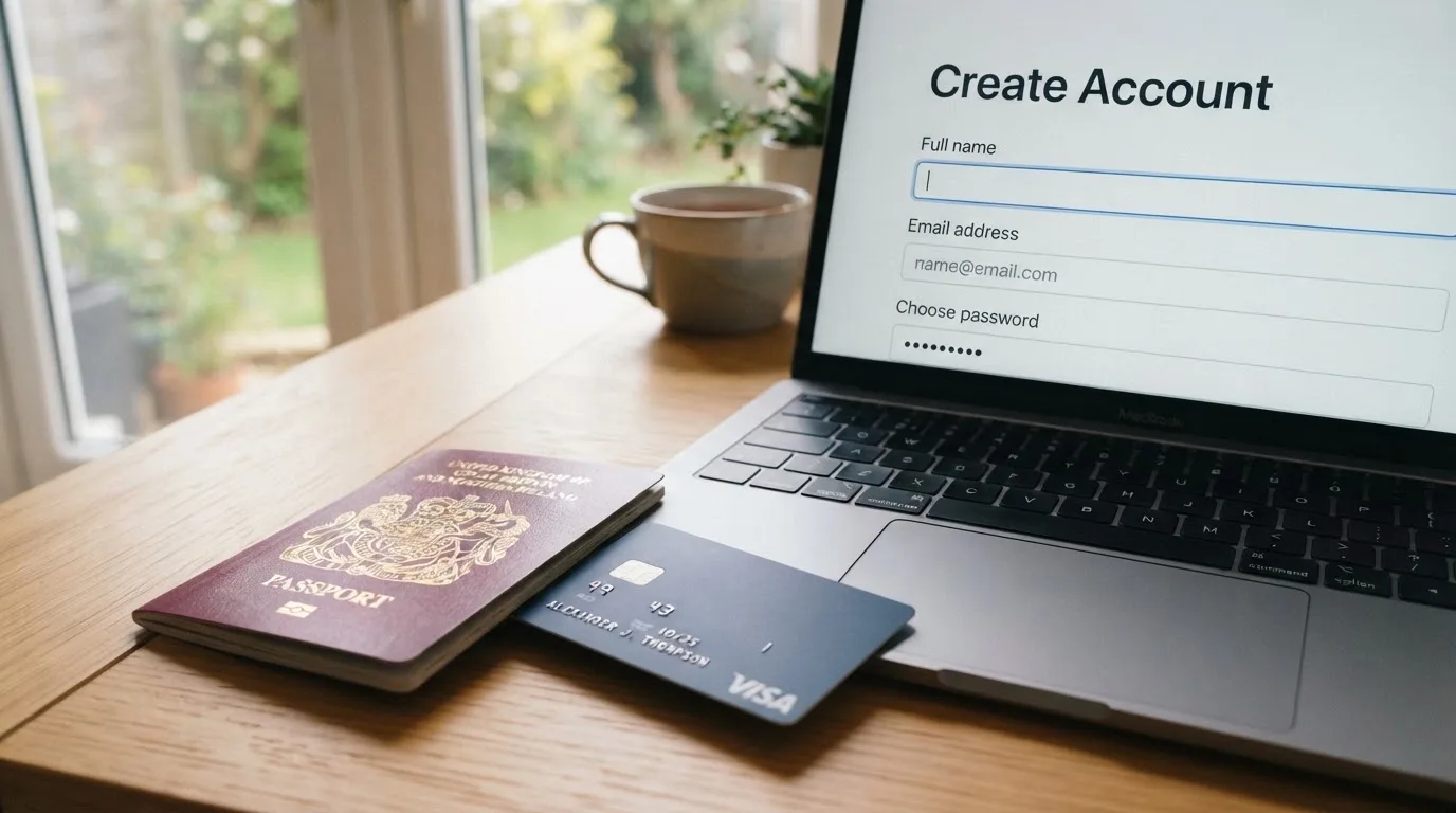 A UK passport and a bank card resting beside a laptop showing an account sign-up screen.
