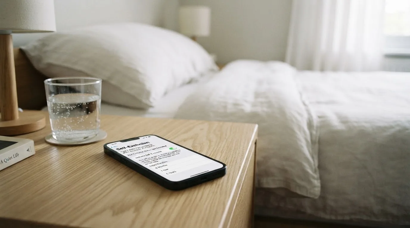 A phone displaying a self-exclusion settings screen next to a glass of water on a bedside table.