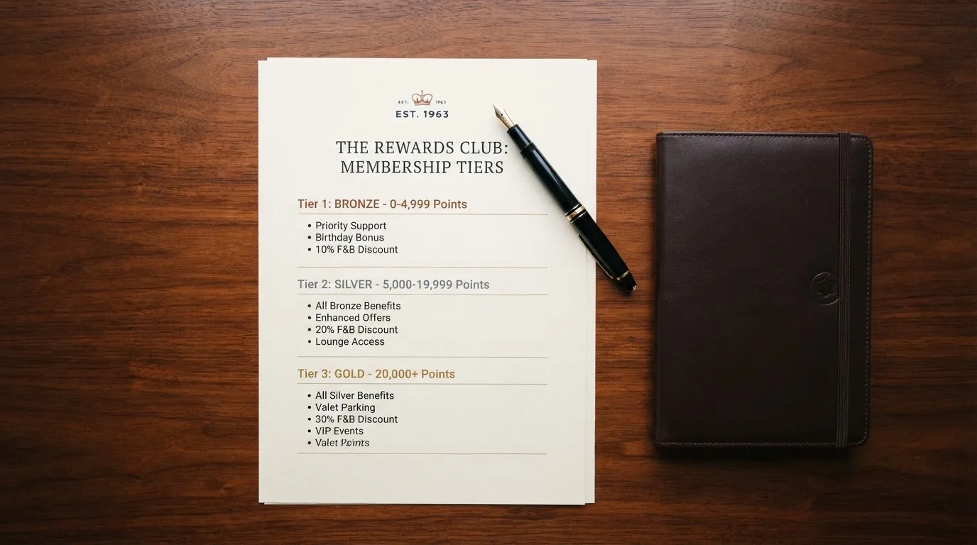 A desk with a printed loyalty-tier chart, a fountain pen, and a closed leather notebook.