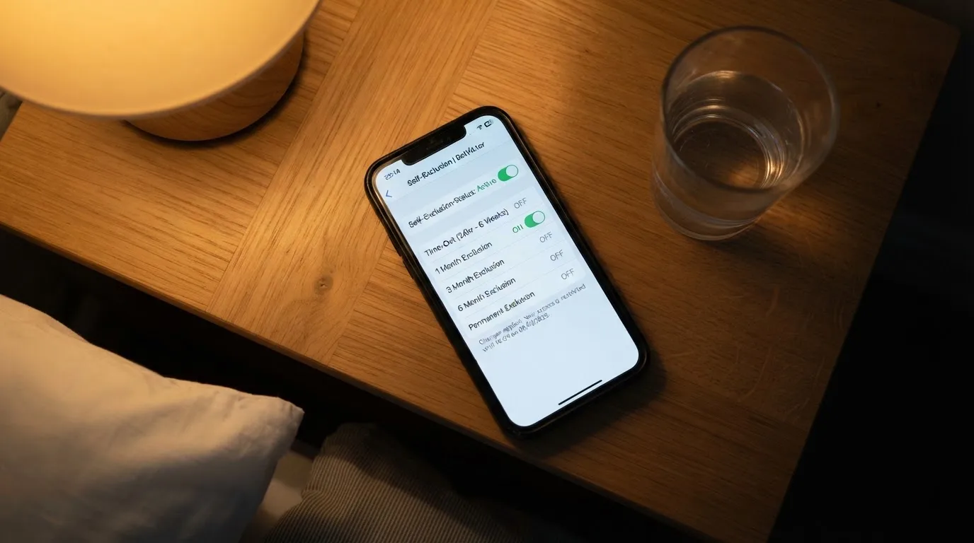 A phone displaying a self-exclusion settings screen next to a glass of water on a bedside table.