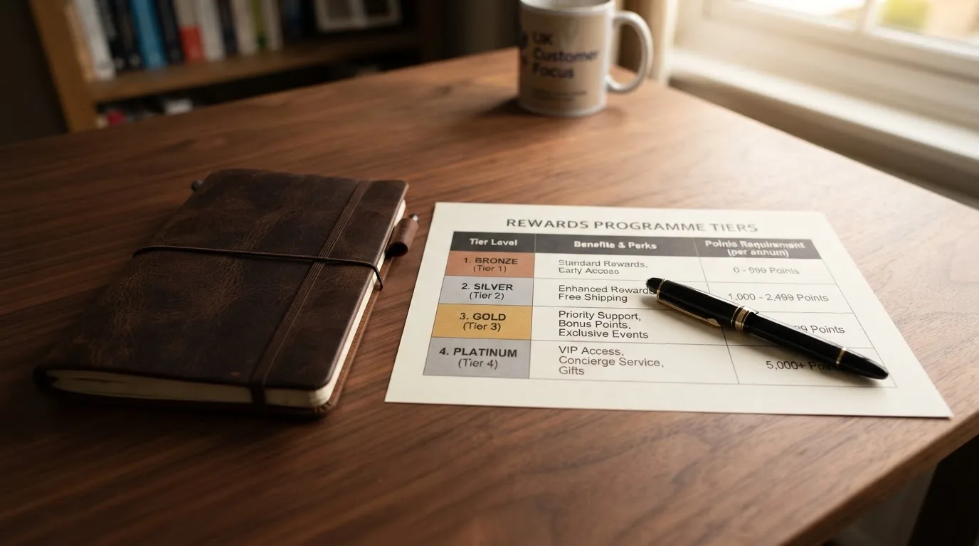 A desk with a printed loyalty-tier chart, a fountain pen, and a closed leather notebook.